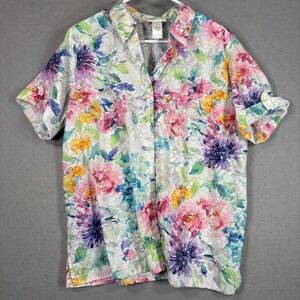 Alfred Dunner Womens Floral Button Down Shirt Sz Large Garden Party Cottage Top